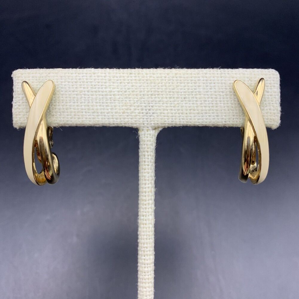 Trifari Enamel Slim Hoop Earrings X Gold Tone Skinny Style Classic 90s Vintage